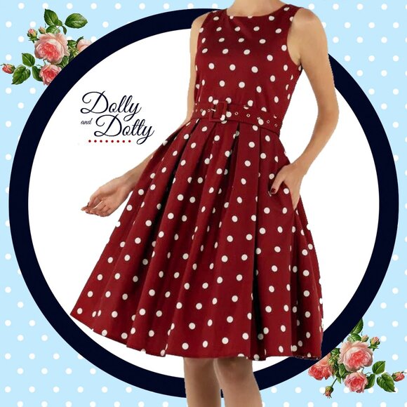 DOLLY & DOTTY “Annie” 50's Polka Dot Dress ~ Burgundy/White. Size US 18 NWOT - Picture 1 of 14